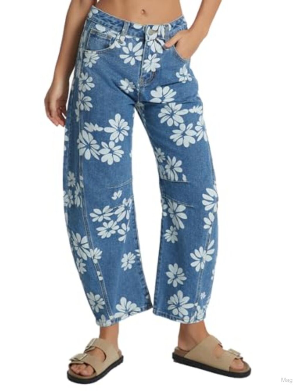 Women's Floral Barrel Jeans Wide Leg Mid Rise Boyfriend Ankle Denim